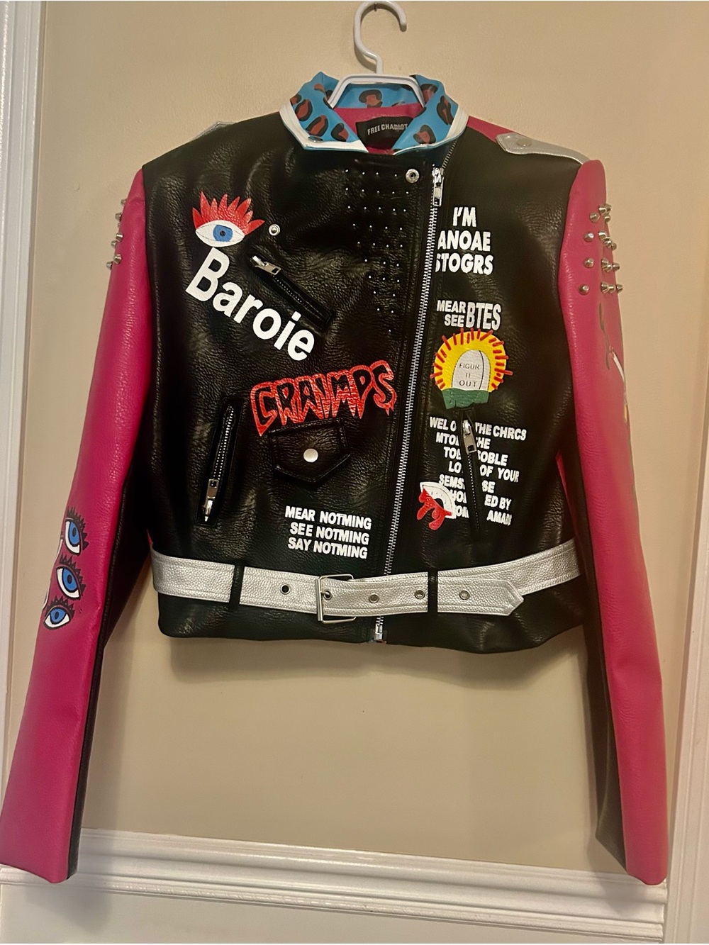 Studded Black & Pink  Moto Jacket with Graphic Details